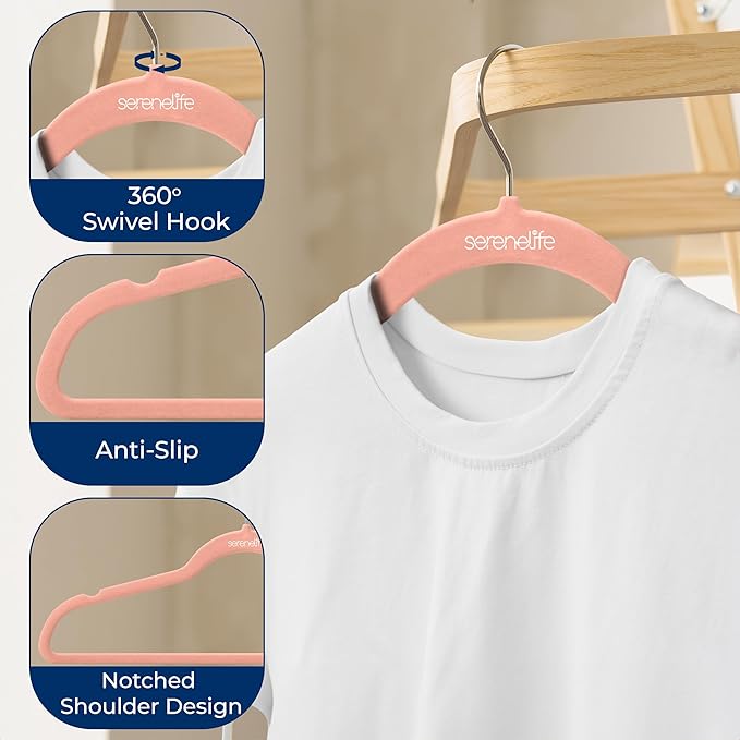 SereneLife 50 Pack Velvet Hangers - Non-Slip, 360° Swivel Hook - Ultra-Thin, Lightweight Velvet Hangers for Shirts, Sweaters, Hoodies, Kids Clothes & Dresses - Space-Saving
