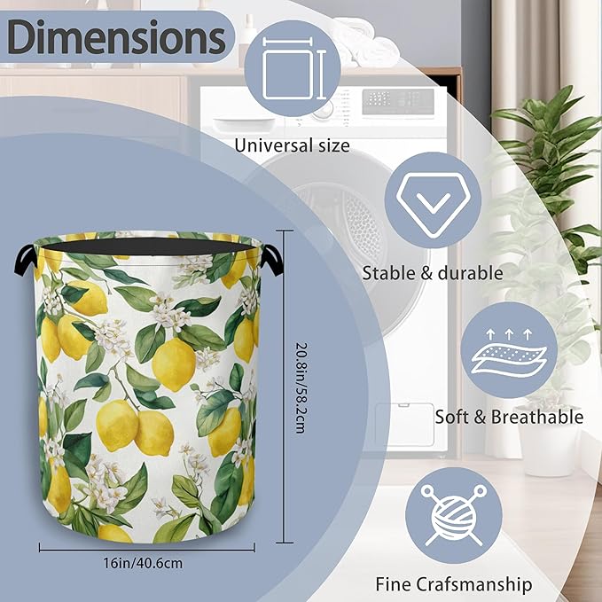 Lemon Laundry Basket,Flower Leaf Foldable Oxford Cloth Tote Bag Laundry Hamper Clothes Storage Bucket Organizer for Bedroom Laundry Storage Dormitories 16" x 20.8"