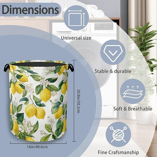 Lemon Laundry Basket,Flower Leaf Foldable Oxford Cloth Tote Bag Laundry Hamper Clothes Storage Bucket Organizer for Bedroom Laundry Storage Dormitories 16" x 20.8"