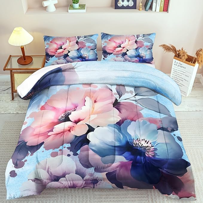 Pink Floral Comforter Set King Size Girls Blue Flower Comforter Comen Western Boho Bedding Set King Blue Floral Bedding Boho Bedroom Decor Teen Girls