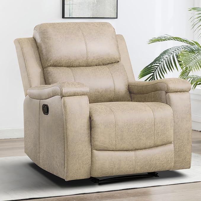 CANMOV Leather Recliner Chair Set of 2, Classic and Traditional Manual Recliner Chair with Overstuffed Arms and Back, Manual Single Sofa with Concealed Cup Holders,Beige