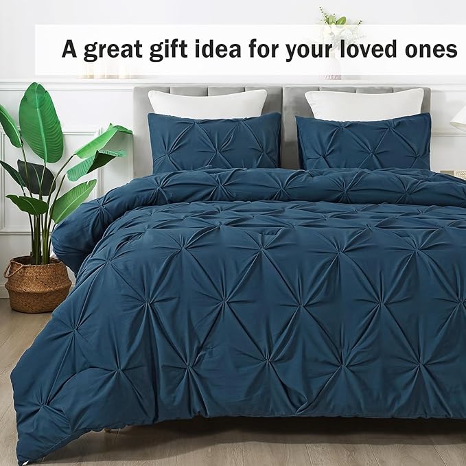 Andency Navy Blue Pinch Pleat Comforter Full(79x90Inch), 3 Pieces(1 Pintuck Comforter and 2 Pillowcases) Down Alternative Microfiber Bedding Set