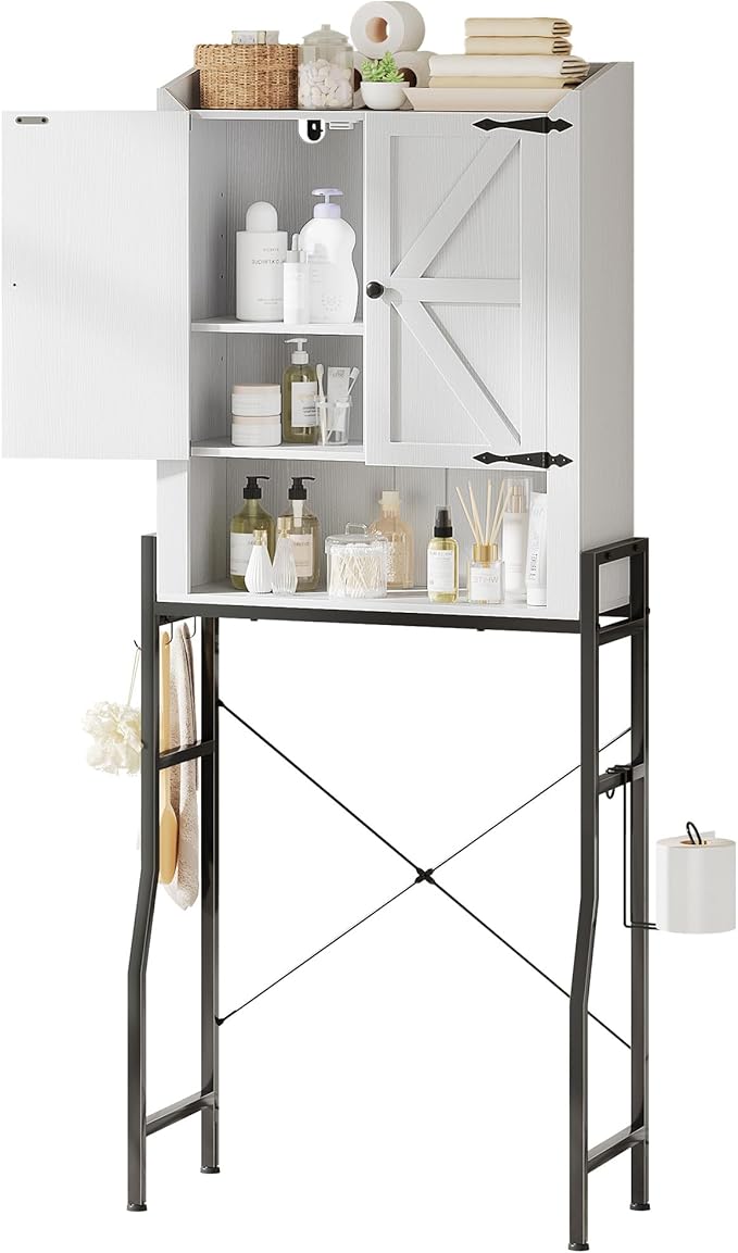 Over The Toilet Storage Cabinet, Over Toilet Organizer with 2-Door & Metal Stand, Bathroom Organizers and Storage with Adjustable Shelves for Bathroom, Restroom, Laundry, White