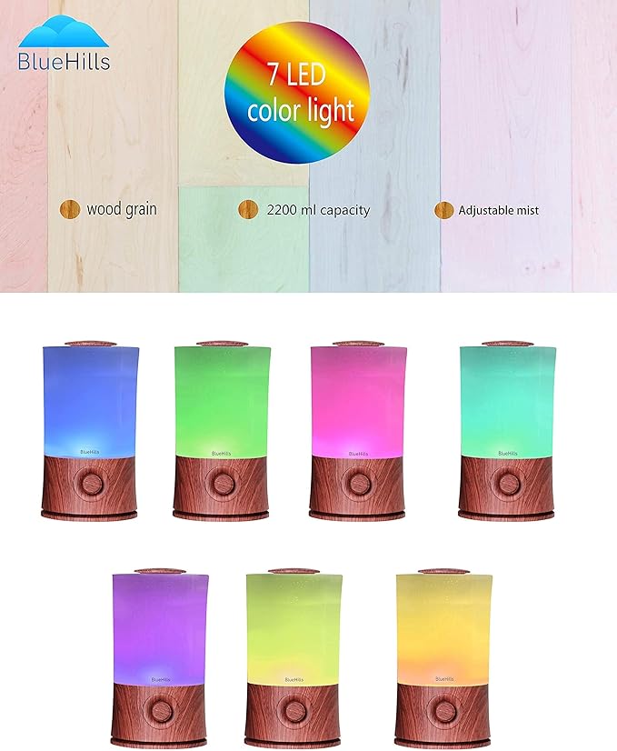 BlueHills Premium 2000 ML XL Essential Oil Diffuser Aromatherapy Humidifier for Large Room Home 40 Hour Run Huge Coverage Area 2 Liter Extra Large Capacity Diffuser High Mist Dark Wood Grain E003