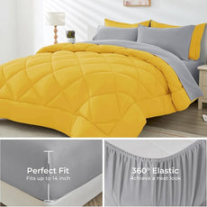 HEVUMYI Full Comforter Set - 7-Piece All Season Bed in a Bag Full, Ultra Soft Bedding Set with Comforter, Flat Sheet, Fitted Sheet, Pillowcases, Pillow Shams, Yellow & Light Grey