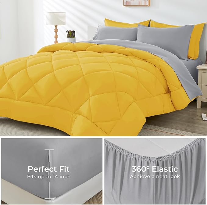 HEVUMYI Full Comforter Set - 7-Piece All Season Bed in a Bag Full, Ultra Soft Bedding Set with Comforter, Flat Sheet, Fitted Sheet, Pillowcases, Pillow Shams, Yellow & Light Grey