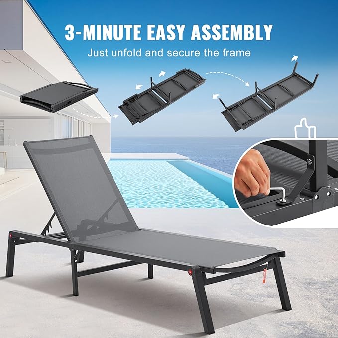 VEVOR 2 Pcs Chaise Lounge Chairs Outdoor, Aluminum Patio Lounge Chair with Adjustable 5-Position, Folding Pool Chairs Recliner and Full Flat Tanning Chair for Patio, Beach, Pool, Grey, 2 pcs