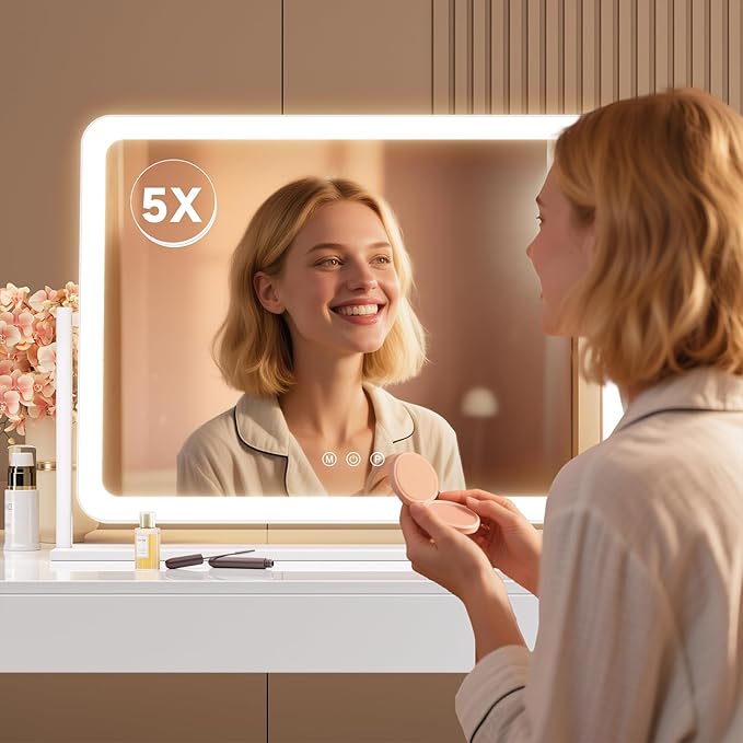 Lighted Makeup Mirror, 17.3"x13" Hollywood Vanity Mirror with Led Lights, Three Color Lighting Modes, and 5X Magnification Mirror, Smart Touch Control, 360°Rotation(Round Corner)