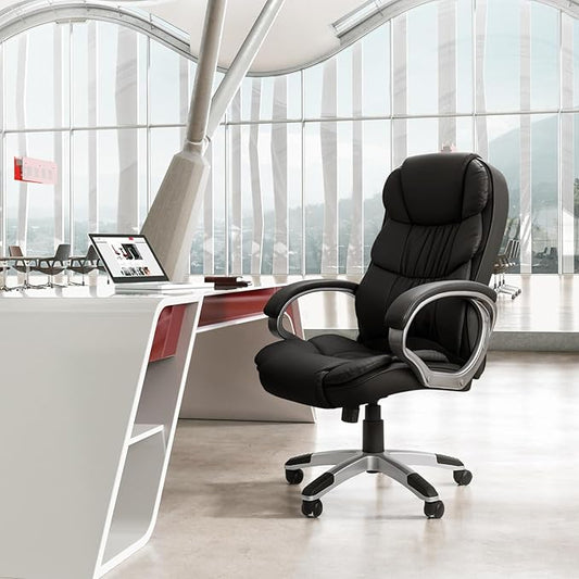 GUNJI Office Chair PU Leather High Back Executive Chair Ergonomic Computer Chair, Modern Adjustable Home Desk Chair Swivel Managerial Chair with Padded Armrests and Lumbar Support (Black)