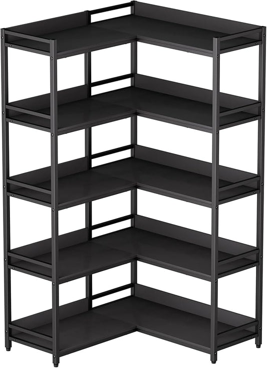 Large 5-Tier Corner Bookshelf - Modern Tall Corner Shelf Storage Display Rack with Sturdy Metal Frame - Perfect for Living Room, Home Office, Books and Decor Display