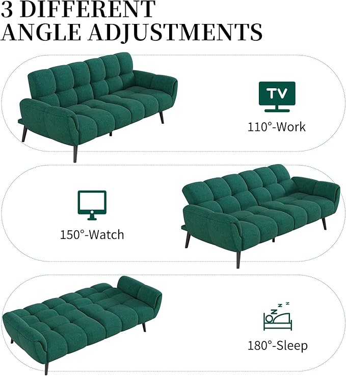 Futon Sofa Bed, Convertible 77" Modern Linen Futon Couch, Comfy Sleeper Sofa with Adjustable Backrests, Couch Bed for Small Spaces, Living Room, Bedroom, Apartment, Forest Green