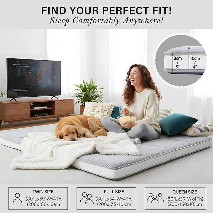 Tiita Queen Memory Foam Mattress Topper, 4" Thicken Futon Floor Mattress with Storage Bag and 2 Straps, Portable Roll Up Travel Car Camping Mattress Sleeping Pad, Grey