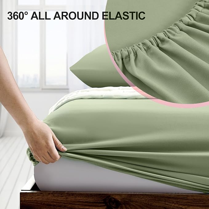 FreshCulture Full Fitted Sheet - Hotel Quality Fitted Sheet - Ultra Soft & Breathable - Brushed Microfiber - Deep Pocket - Cooling Fitted Sheets for Full Size Bed (Sage Green)