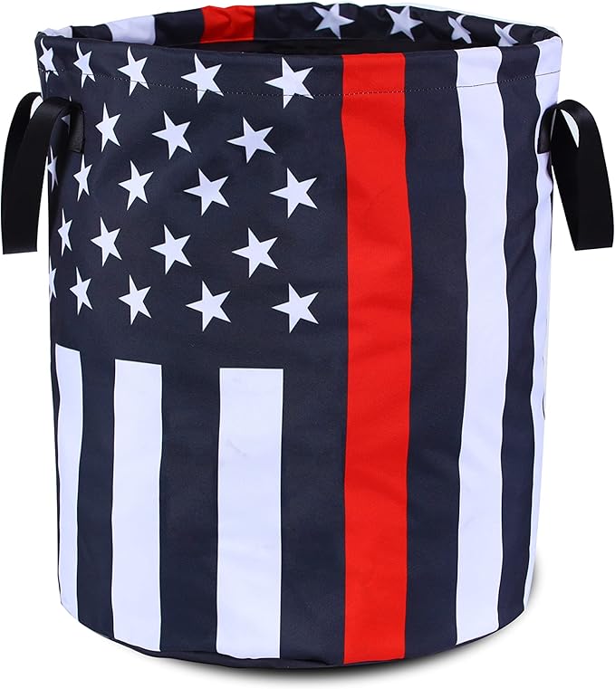 American Flag Thin Red Line Laundry Basket Foldable Oxford Cloth Funny Tote Bag Laundry Hamper Clothes Storage Bucket Organizer For Bathroom/Laundry Storage /Bedroom17.7x13.7 Inch