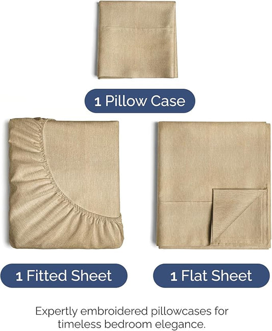 Twin Size 3 Piece Sheet Set - Comfy Breathable & Cooling Bed Sheets Set - Hotel Luxury Bedding for Women, Men, Kids, Teens, Boys & Girls - Deep Pockets, Soft & Wrinkle Free - Tan (Heathered Sheets)