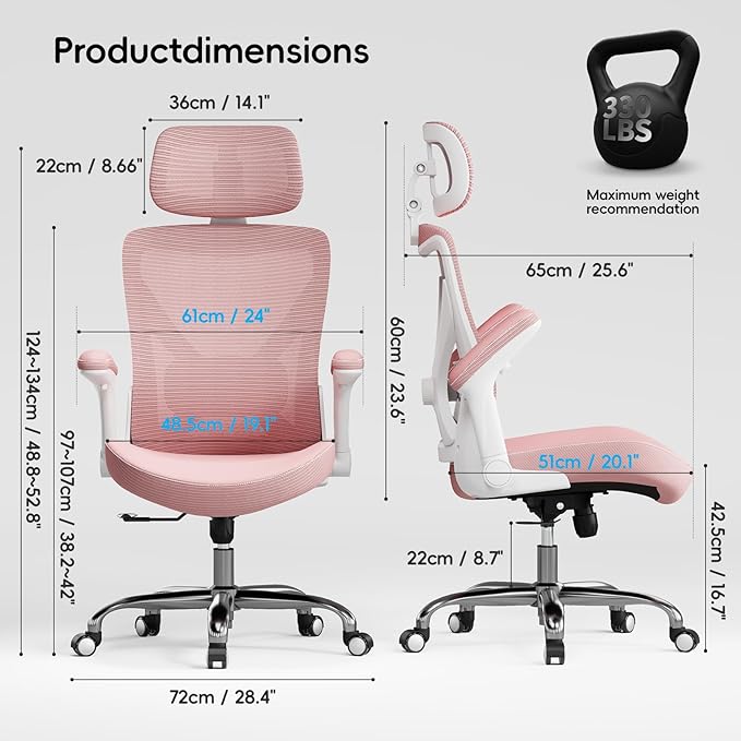Office Home Ergonomic Desk Chair-Computer X-Shaped Chair Mesh PU Leather with Adjustable Lumbar Support-Executive Chair High Back with Headrest Flip-Up Arms for Long Hours (Dark Pink)