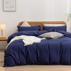 BESTOUCH Duvet Cover Set 100% Washed Cotton Linen Feel Super Soft Comfortable Chic Lightweight 3 PCs Home Bedding Set Solid Navy Blue Oversized Full