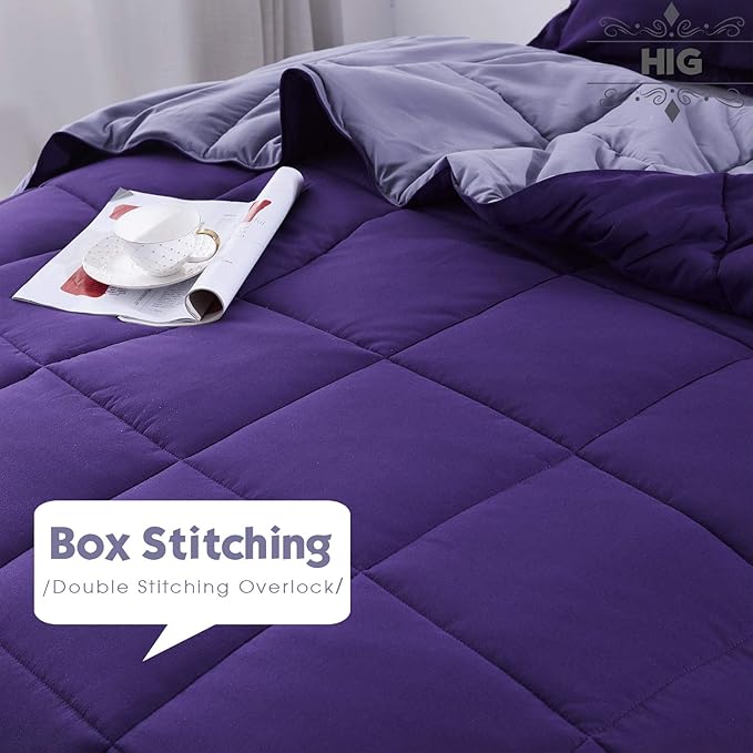HIG 3pc Down Alternative Comforter Set - All Season Reversible Comforter with Two Shams - Quilted Duvet Insert with Corner Tabs - Box Stitched - Super Soft, Fluffy (King/Cal King, Purple)