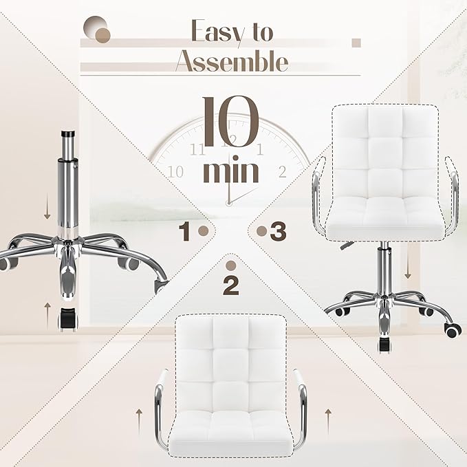 Furmax Mid-Back Office Task Chair Ribbed PU Leather Executive Chair Modern Adjustable Home Desk Retro Comfortable Work Chair 360 Degree Swivel with Arms (White)