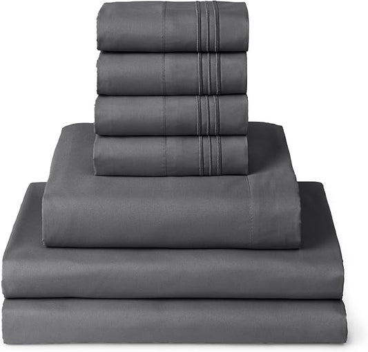 Mellanni Split King Sheet Set - 7-Piece Iconic Collection Bedding, (Including 4 Pillowcases), 16-Inch Deep Pocket, Easy Care, Extra Soft, Cooling Sheets, Brushed Microfiber - Gray