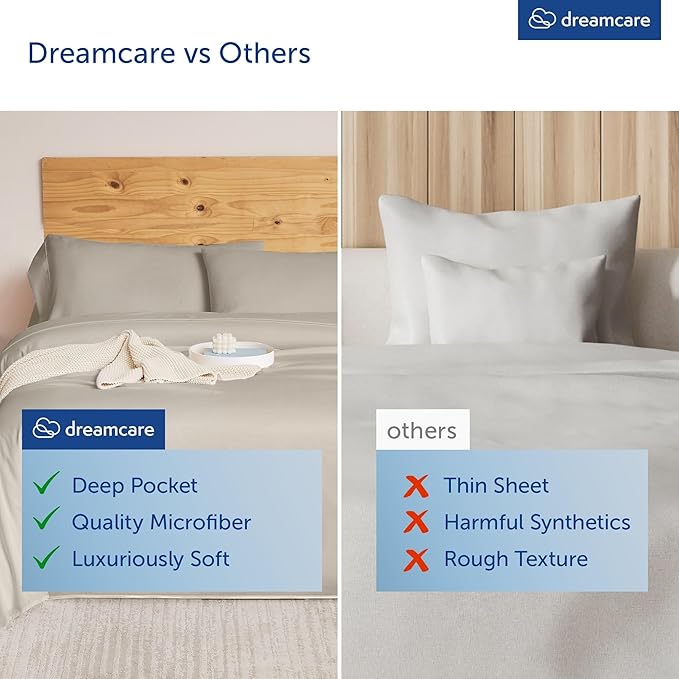 DREAMCARE King Size Sheets Set – 4 pcs Cooling Sheets – up to 21” Deep Pocket King Sheet Set – Hotel Luxury Sheets & Pillowcases – Superior Softness 100% Microfiber with Side Pocket - Beige DREAMCARE