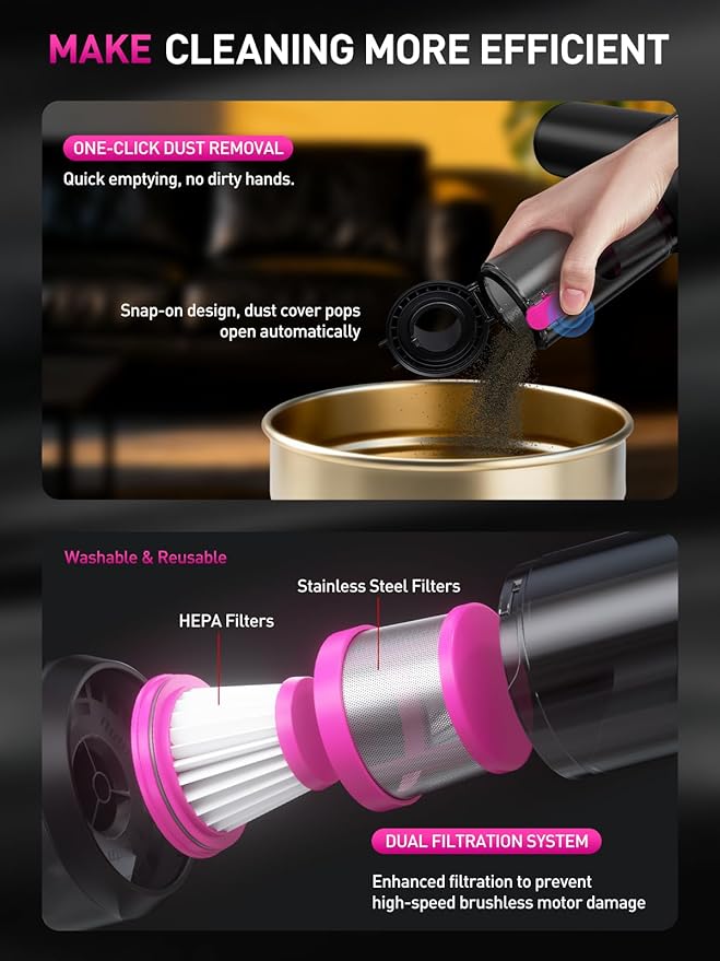 Mini Car Vacuum Portable Cordless with LED Light, 15000PA Powerful Suction, 80W High Power, One-Click Empty, Dual Hepa Filter, Car Vacuum Cleaner & Air Duster for Home, Desk, PC, Keyboard