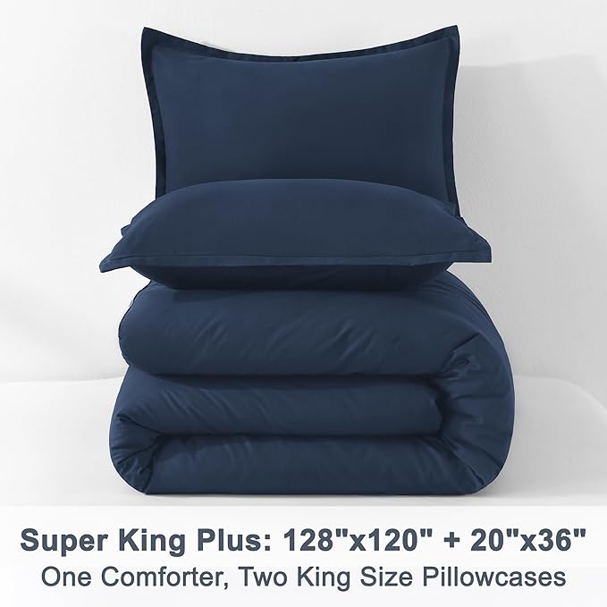 Litanika Comforter Set, Lightweight Solid Bedding Comforter Set, Fluffy Down Alternative Bed Set, Navy Blue, Super King Plus