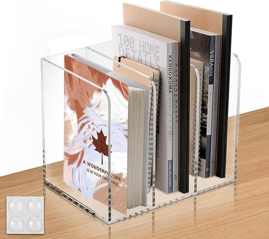 B5 Thickened Acrylic Desk Organizer,Book Organizer,Acrylic Book Holder,Acrylic File Organizer Equipped with 3 Vertical Compartments Rack,with Scratch-Resistant Pads to Protect Your Desktop