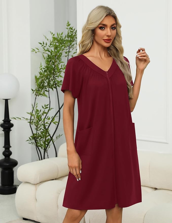 Ekouaer Women Robe Zipper Front Mumu Duster Robes Zip Up Housecoat Soft Sleepwear with Pockets