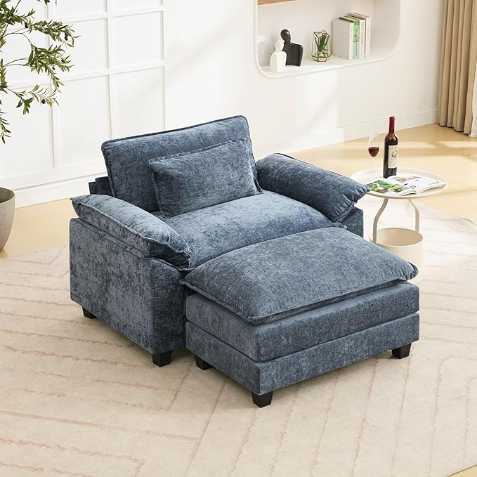 53" Modular Sectional Sofa, Comfy Cloud Couch Sectional Sofa with Ottoman, Chenille Sofa Sleeper Deep Seat Sofa with Throw Pillows for Living Room (Blue)