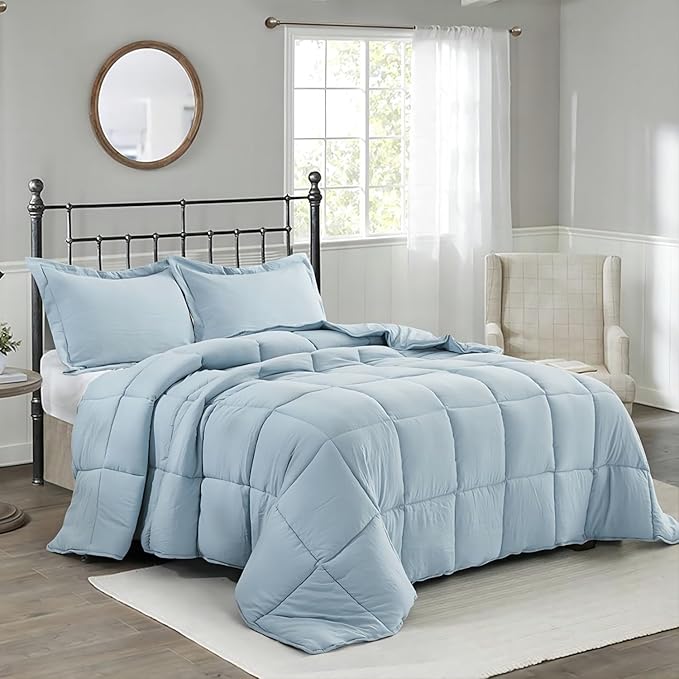 HIG Pre Washed Down Alternative Comforter Set King - Reversible Chic Quilt Design - Box Stitched with 4 Corner Tabs - Lightweight for All Season - Blue Duvet Comforter with 2 Pillow Shams