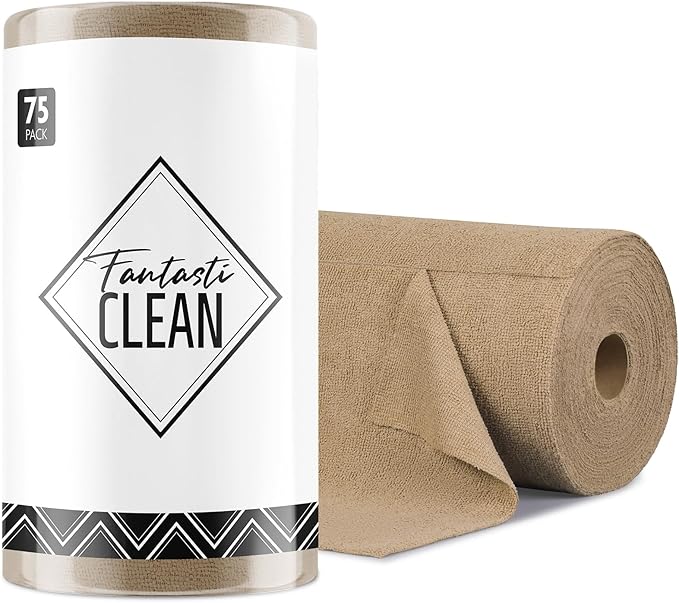 Fantasticlean Microfiber Cleaning Cloth Roll -75 Pack, Tear Away Microfiber Towels, 12" x 12", Reusable, Washable, Scratch Free, Ultra Absorbent for All-Around Cleaning Supplies (TAN)