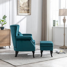 Accent Chairs with Ottoman Set of 2 Velvet Wingback Club Chair Upholstered Reading Chair Lounge Chairs with Wood Legs/Button Tufted Back for Bedroom Living Room, Teal Blue