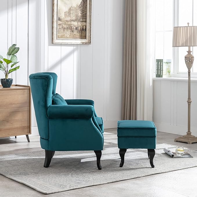 Accent Chairs with Ottoman Set of 2 Velvet Wingback Club Chair Upholstered Reading Chair Lounge Chairs with Wood Legs/Button Tufted Back for Bedroom Living Room, Teal Blue