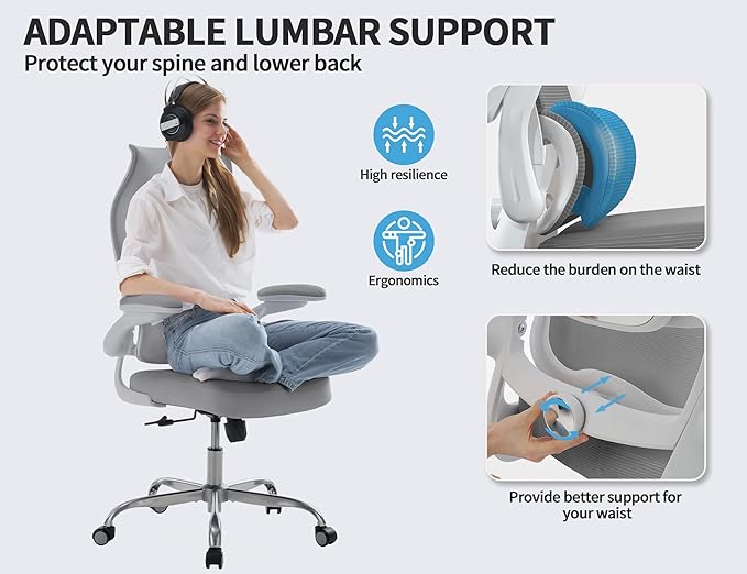 TRALT Ergonomic Office Chair - Desk Chair with Wave High Back Adjustable Lumbar Support Computer Chair - Gaming Chairs Mesh Backrest and PU Leather Seat for Home Reading Chairs to Adults(Grey)