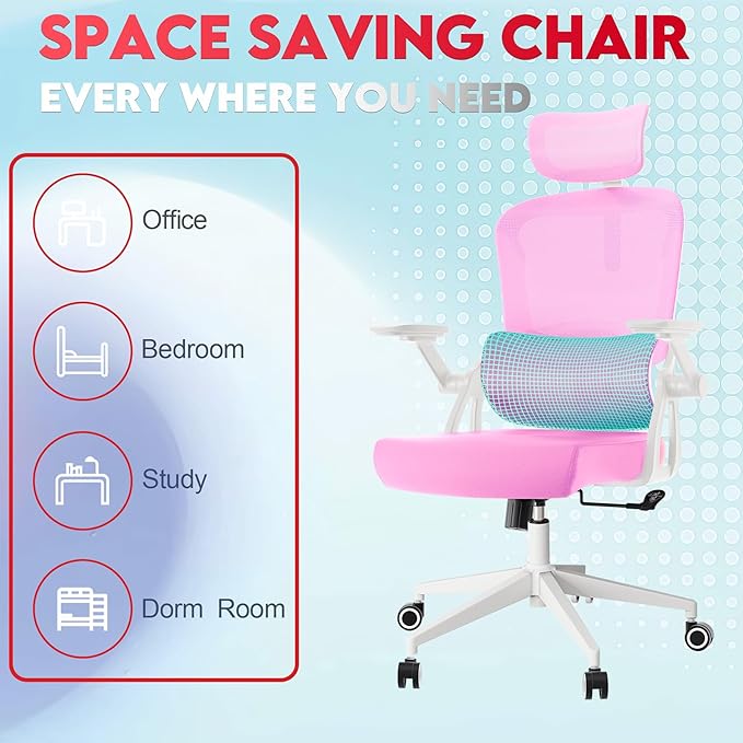 Ergonomic Office Chair - 400LB Comfy Desk Chairs with Adjustable Headrest and Lumbar Back Support, Mesh Computer Chairs with Wheels and Arms for Home Office, Study (218Pink-With Headrest)