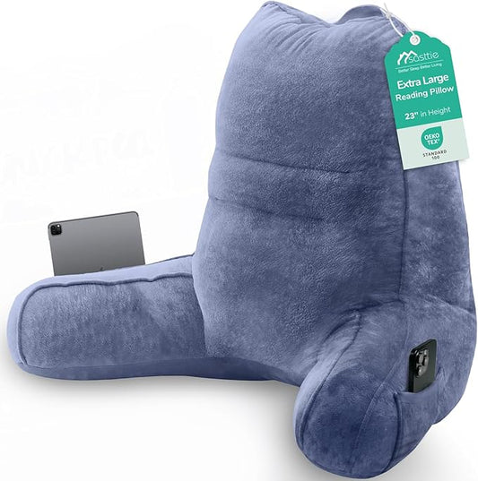 Sasttie Reading Pillow for Bed - 23 Inch, Back Pillow for Bed Sitting Up, Back-Rest Support Cushion with Side Pockets and Arms, Dorm Essentials, Oeko-Tex Certified, Grey Purple