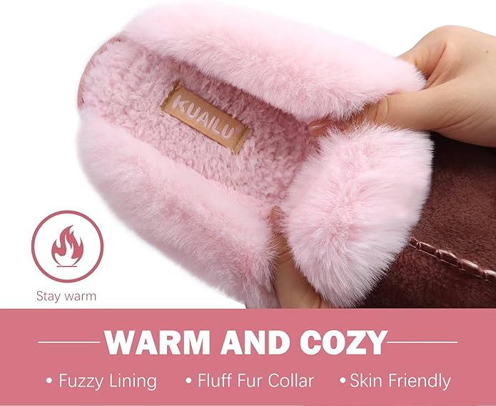 KuaiLu Womens Fluff Dual Memory Foam Slippers Ladies Cozy Arch Support Warm Scuff Slippers Slip on Comfy Winter House Shoes with Non-Slip Indoor Outdoor Hard Sole