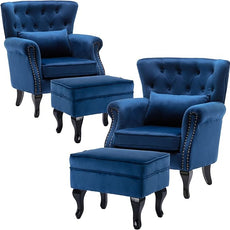 Accent Chairs with Ottoman Set of 2 Velvet Wingback Club Chair Upholstered Reading Chair Lounge Chairs with Wood Legs/Button Tufted Back for Bedroom Living Room, Blue