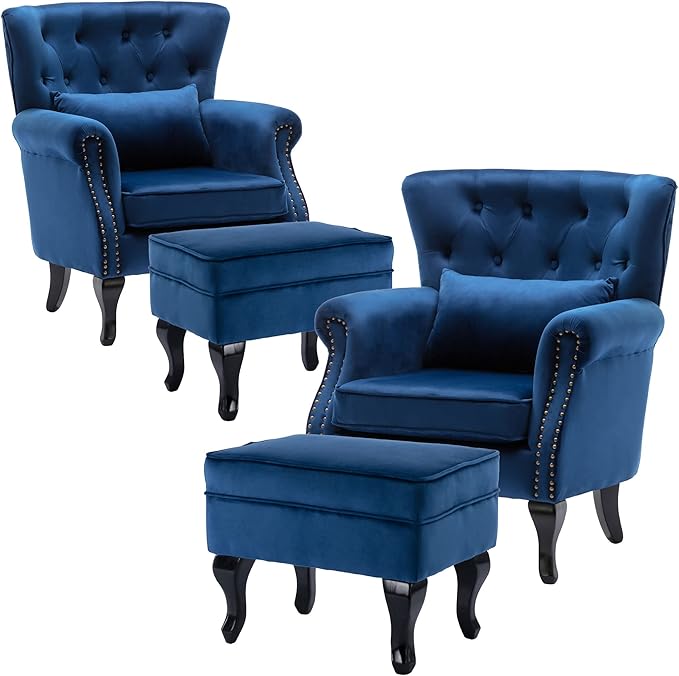 Accent Chairs with Ottoman Set of 2 Velvet Wingback Club Chair Upholstered Reading Chair Lounge Chairs with Wood Legs/Button Tufted Back for Bedroom Living Room, Blue