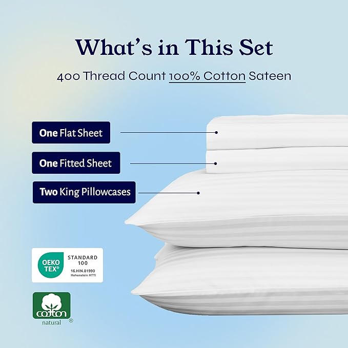 California Design Den Striped King Size Sheets Set - Soft 400 Thread Count Sateen, Natural 100% Cotton Sheets with Deep Pockets, and Durable Bedding Set - Striped White CaliforniaDesignDen