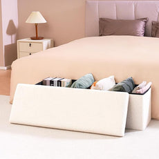 PINPLUS Folding Storage Ottoman Bench, Upholstered Sherpa Ottoman, Large Storage Chest Footrest Footstool with Lids, Entryway Bench for Living Room Bedroom, White, 43.3'' x 15'' x 15''