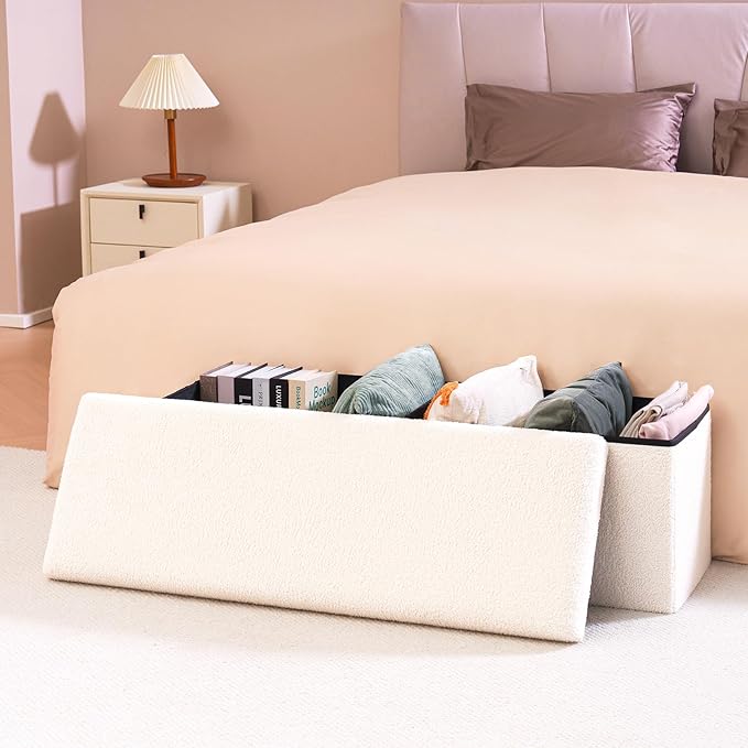 PINPLUS Folding Storage Ottoman Bench, Upholstered Sherpa Ottoman, Large Storage Chest Footrest Footstool with Lids, Entryway Bench for Living Room Bedroom, White, 43.3'' x 15'' x 15''