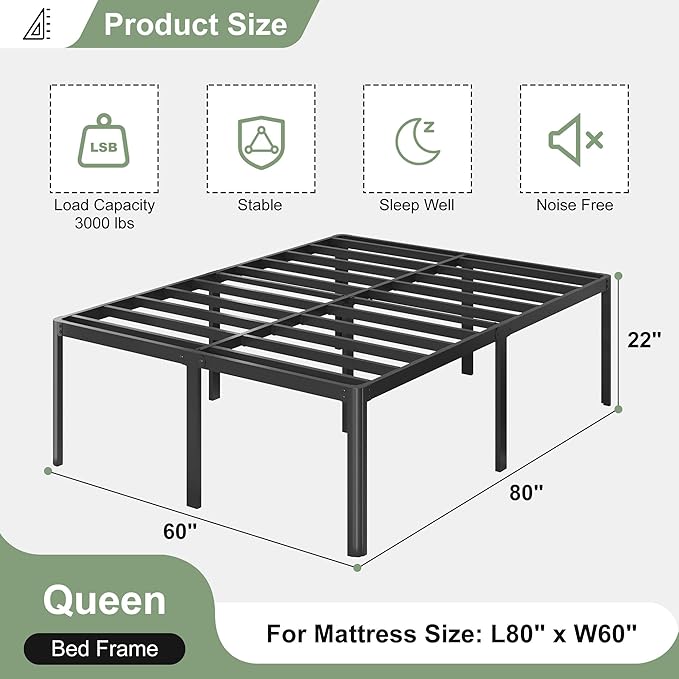 22 Inch High Queen Bed Frame with Rounded Corner Legs, Heavy Duty Metal Queen Platform Bed Frame with Steel Slats Support, No Box Spring Needed, Noise Free, Easy Assembly