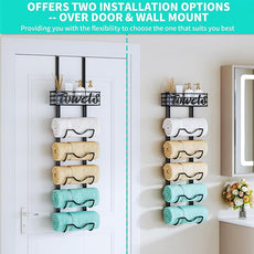 HapiRm Over The Door Towel Rack - 6 Tier Wall Mount Rolled Towel Holder Storage Organizer Shelf with Storage Basket for Small Bathroom, Rv, Camper - Black