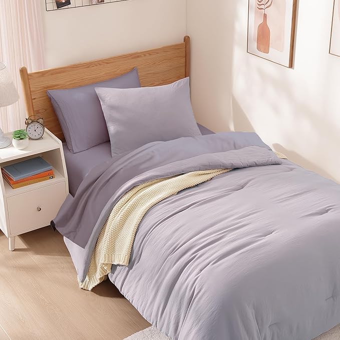 WRENSONGE Twin Comforter Set- 5 Pieces Lilac Twin Bed in a Bag, All Season Twin XL Bedding Sets with 1 Fitted Sheet, 1 Flat Sheet, 1 Pillow Sham and 1 Pillowcase