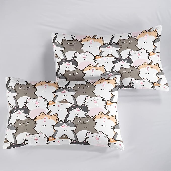 CVHOUSE Cat Bedding,Cartoon Cat Comforter Queen,Animals Print Comforter Set for Kids,Kawaii Quilt Set with 1 Comforter and 2 Pillow Cases