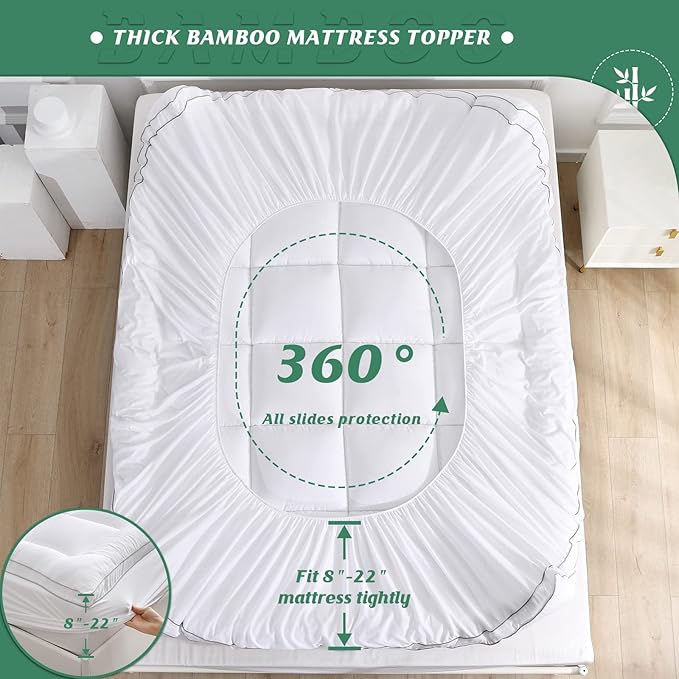 GRT Pillowtop Mattress Topper Queen Size, Rayon from Bamboo Mattress Cover Padded with 900gsm 3D Snow Down Alternative Filling, Extra Thick Mattress Pad Queen for Back Pain