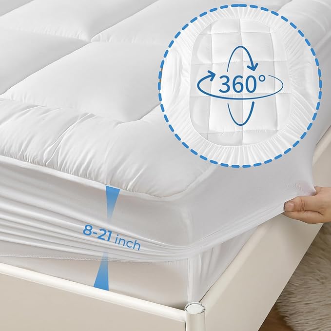 YUGYVOB Queen Mattress Topper -600GSM Extra Thick Cooling & Breathable Mattress Pad with Deep Pocket 8"-21" & Soft Down Alternative Filling, White