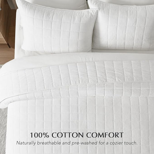 EVERGRACEHOME 100% Cotton Box Stitch Quilt Bedding Set Queen Size 3 Pieces, Garment-Washed Lightweight Soft Cozy Coverlet, Quilted Bedspread Sets with 2 Shams for All Season, Bright White